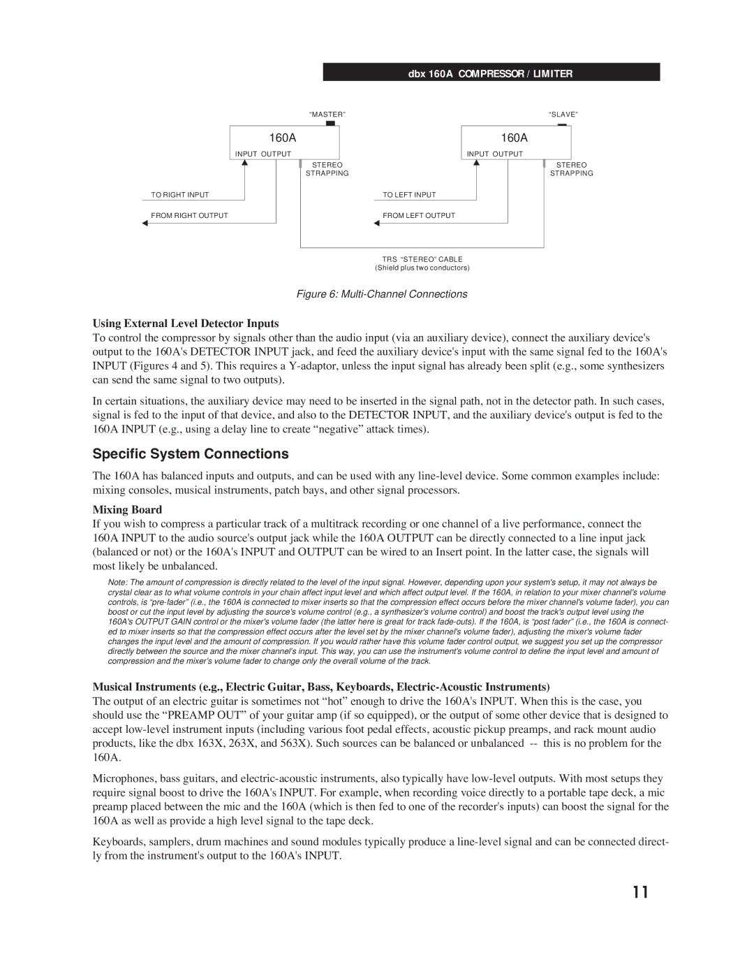 dbx Pro 160A manual Specific System Connections, Using External Level Detector Inputs, Mixing Board 