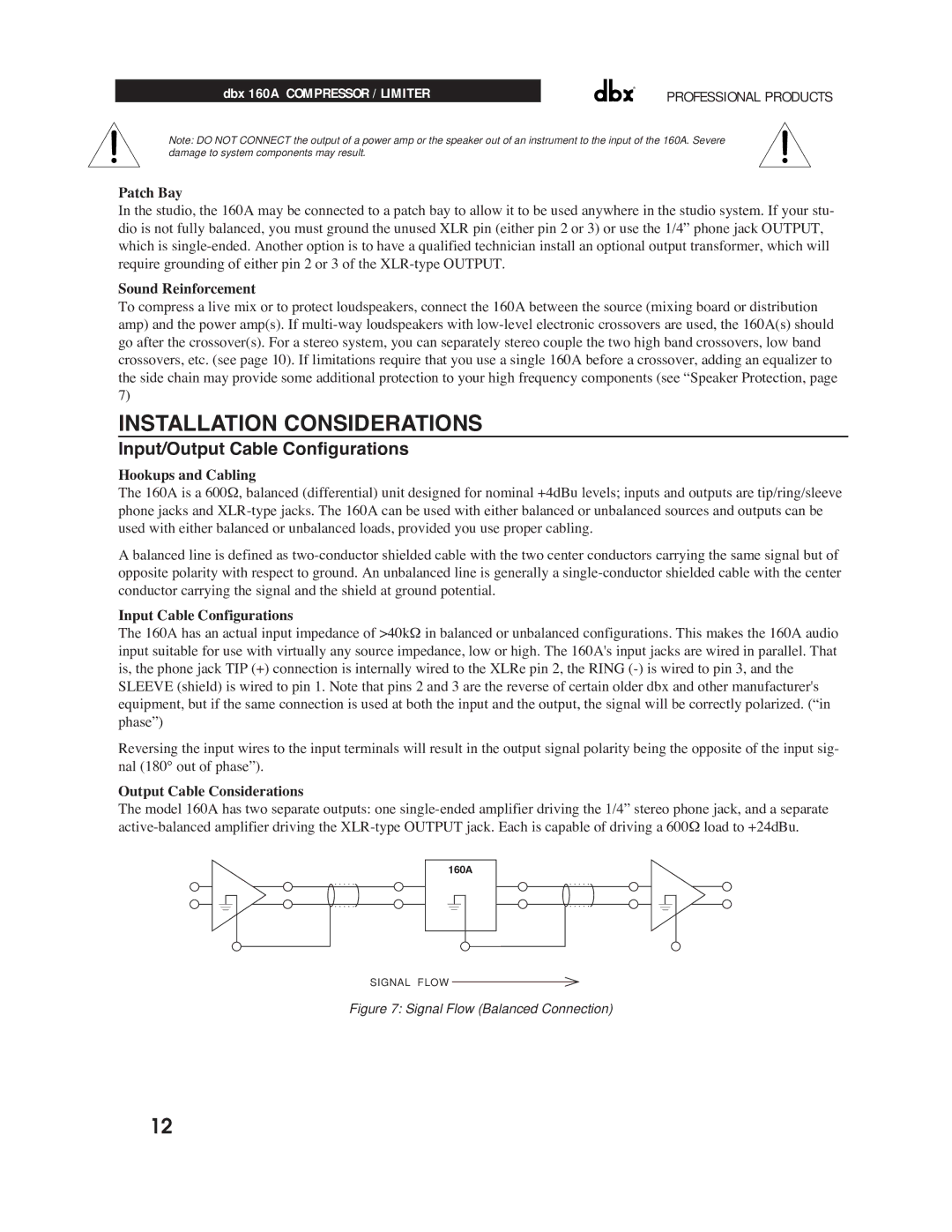 dbx Pro 160A manual Installation Considerations, Input/Output Cable Configurations 