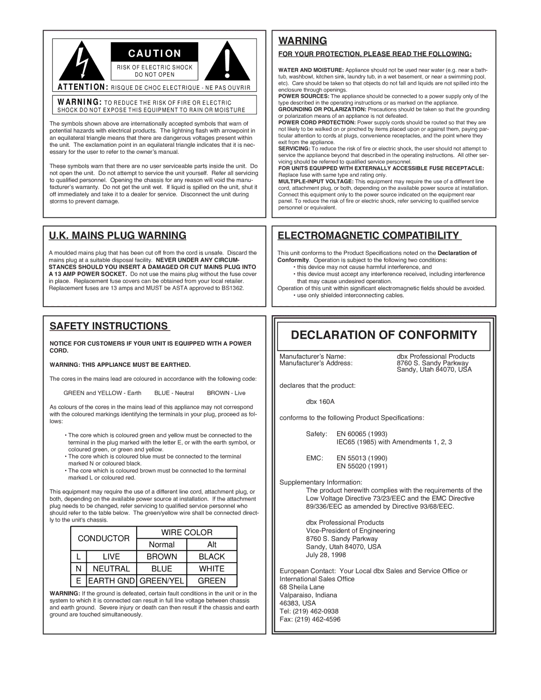 dbx Pro 160A manual Declaration of Conformity 