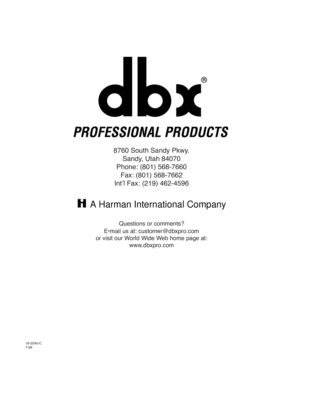 dbx Pro 160A manual Harman International Company 