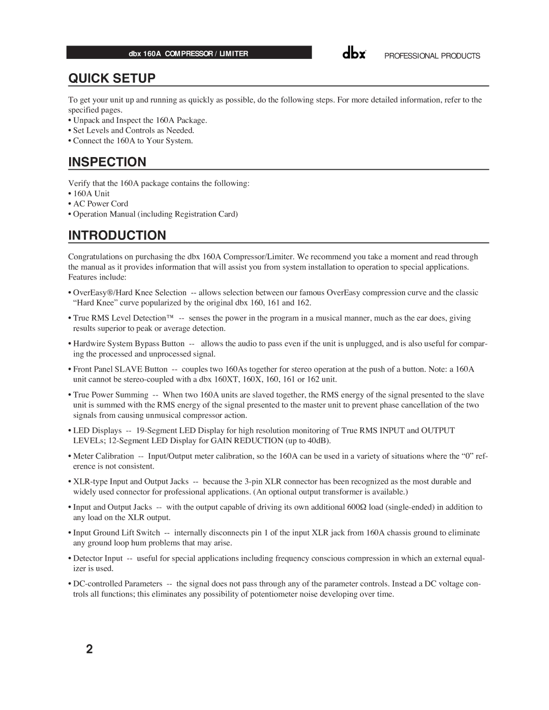 dbx Pro 160A manual Quick Setup, Inspection, Introduction 