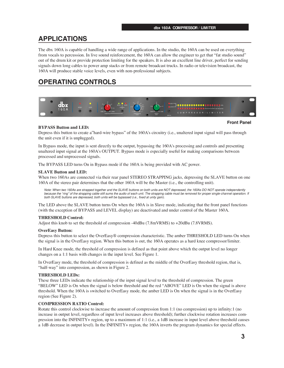 dbx Pro 160A manual Applications, Operating Controls 