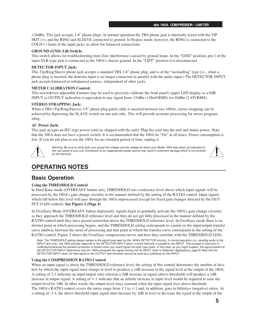 dbx Pro 160A manual Operating Notes 