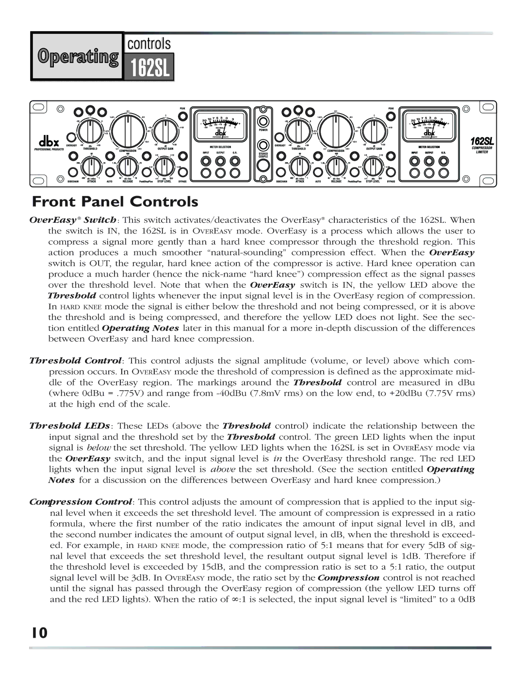 dbx Pro 162SL user manual Front Panel Controls 