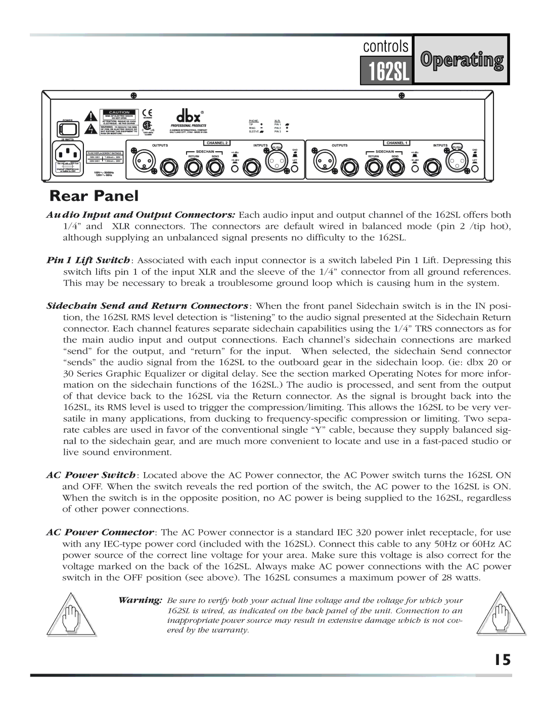 dbx Pro 162SL user manual Rear Panel 