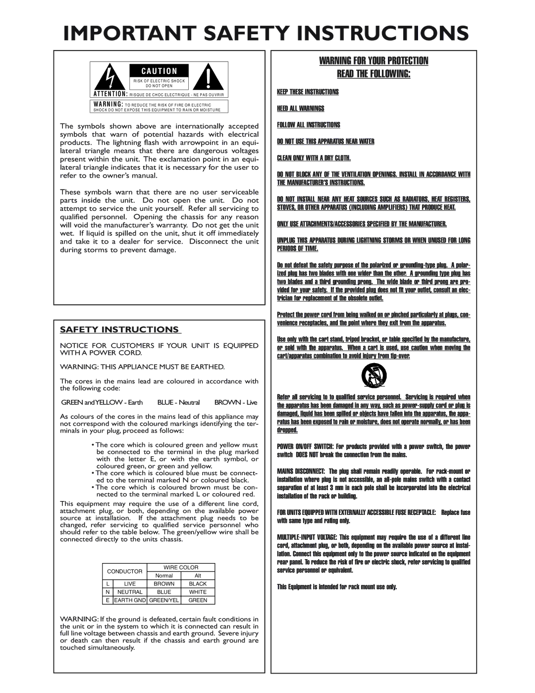 dbx Pro 162SL user manual Important Safety Instructions 