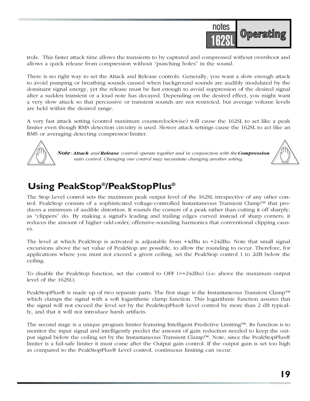 dbx Pro 162SL user manual Using PeakStop/PeakStopPlus 