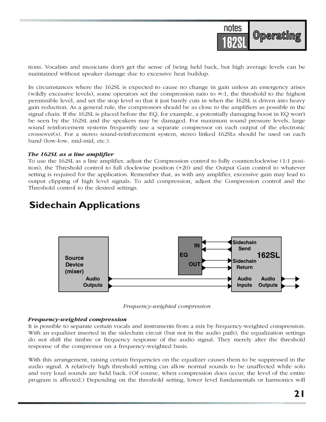 dbx Pro user manual Sidechain Applications, 162SL as a line amplifier 