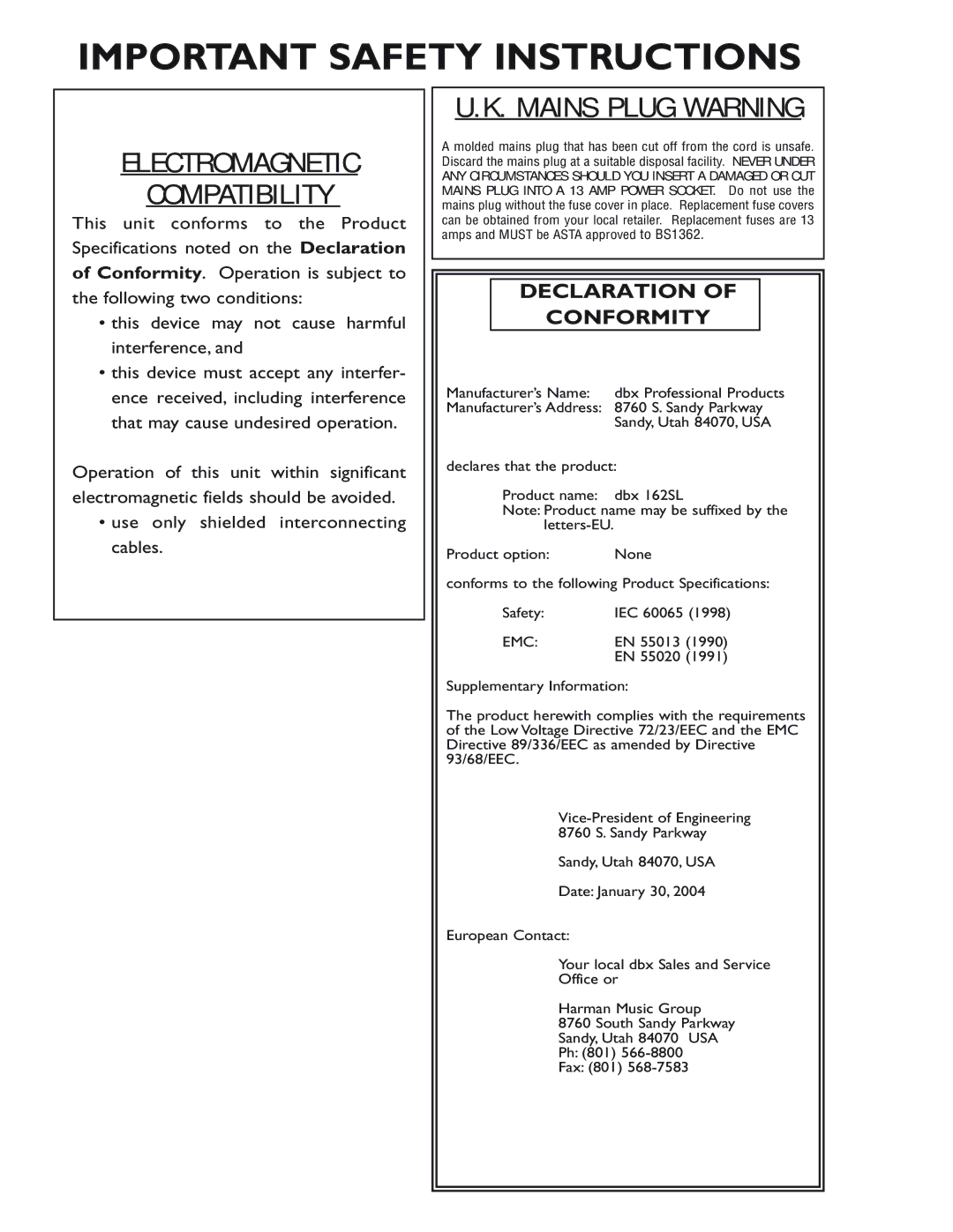 dbx Pro 162SL user manual Electromagnetic Compatibility 