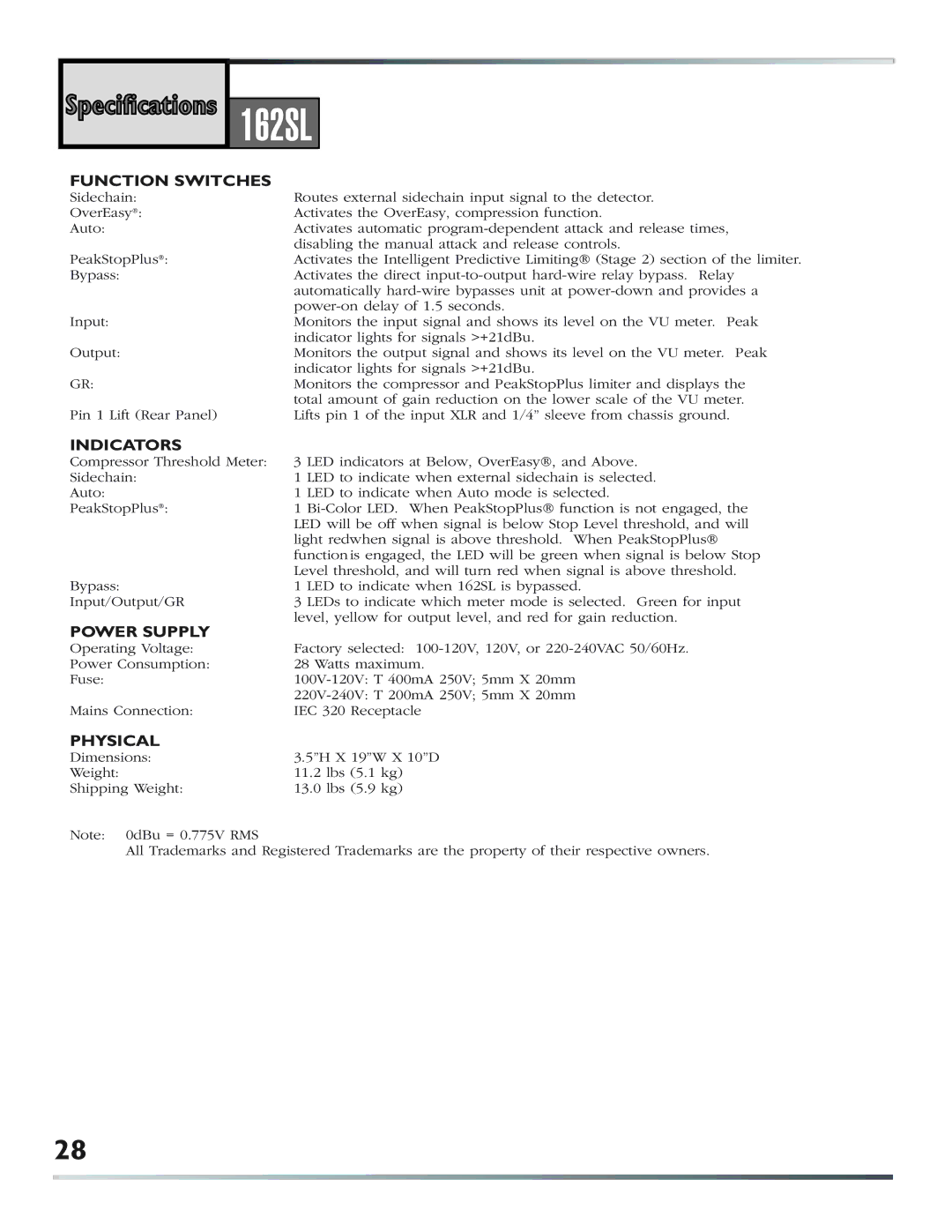 dbx Pro 162SL user manual Function Switches 