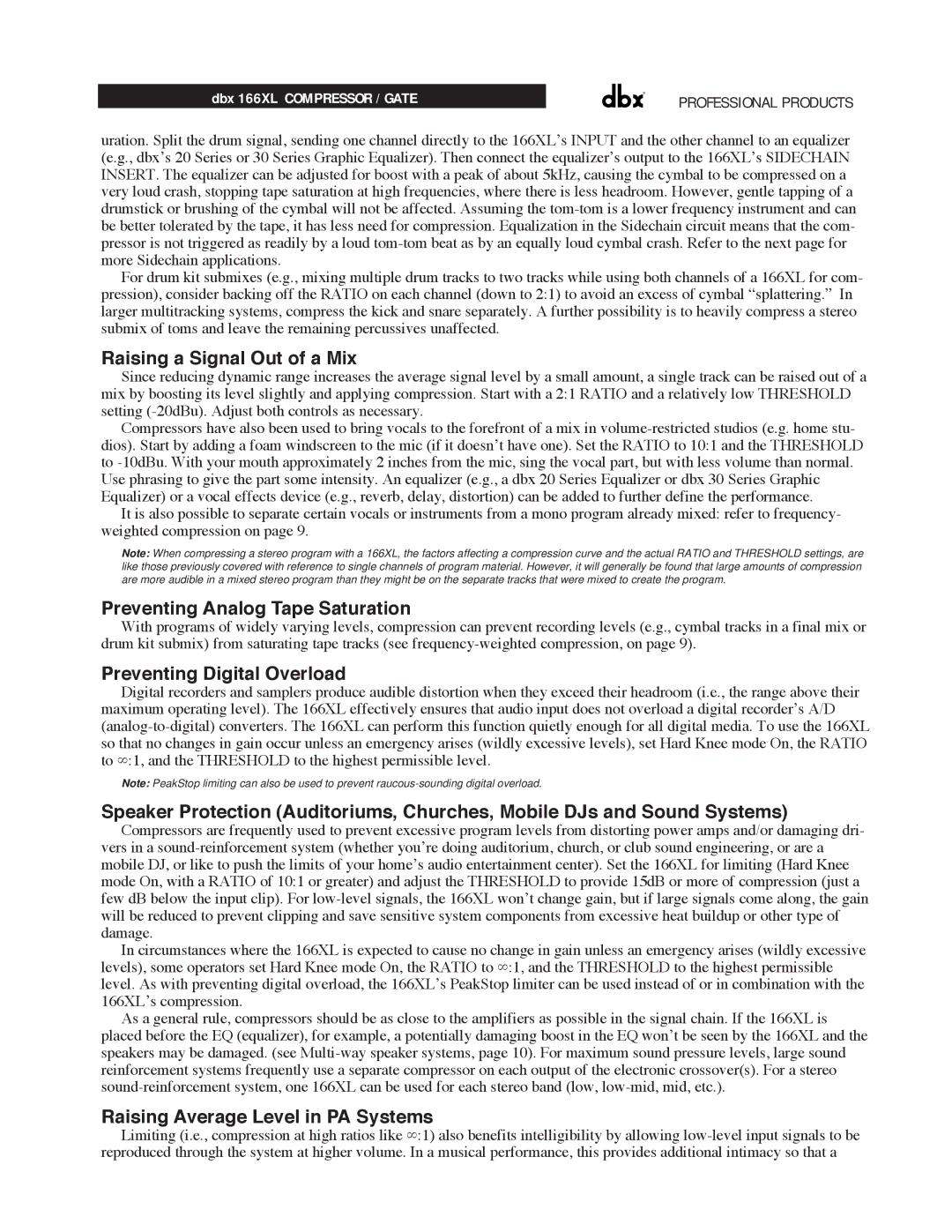 dbx Pro 166XL manual Raising a Signal Out of a Mix, Preventing Analog Tape Saturation, Preventing Digital Overload 