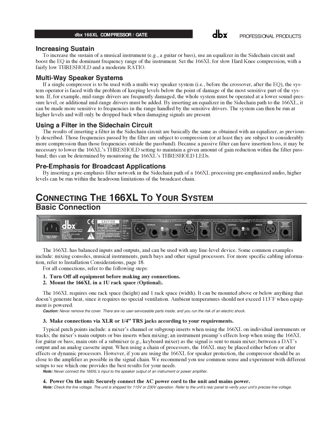 dbx Pro manual Basic Connection, Connecting the 166XL to Your System 