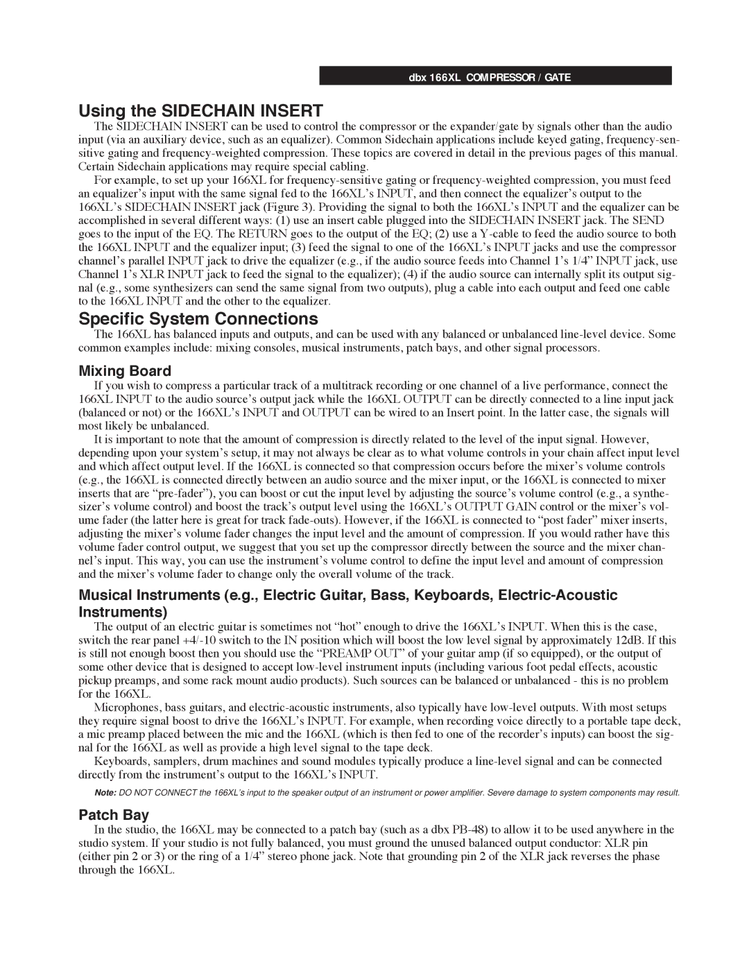 dbx Pro 166XL manual Using the Sidechain Insert, Specific System Connections, Mixing Board, Patch Bay 