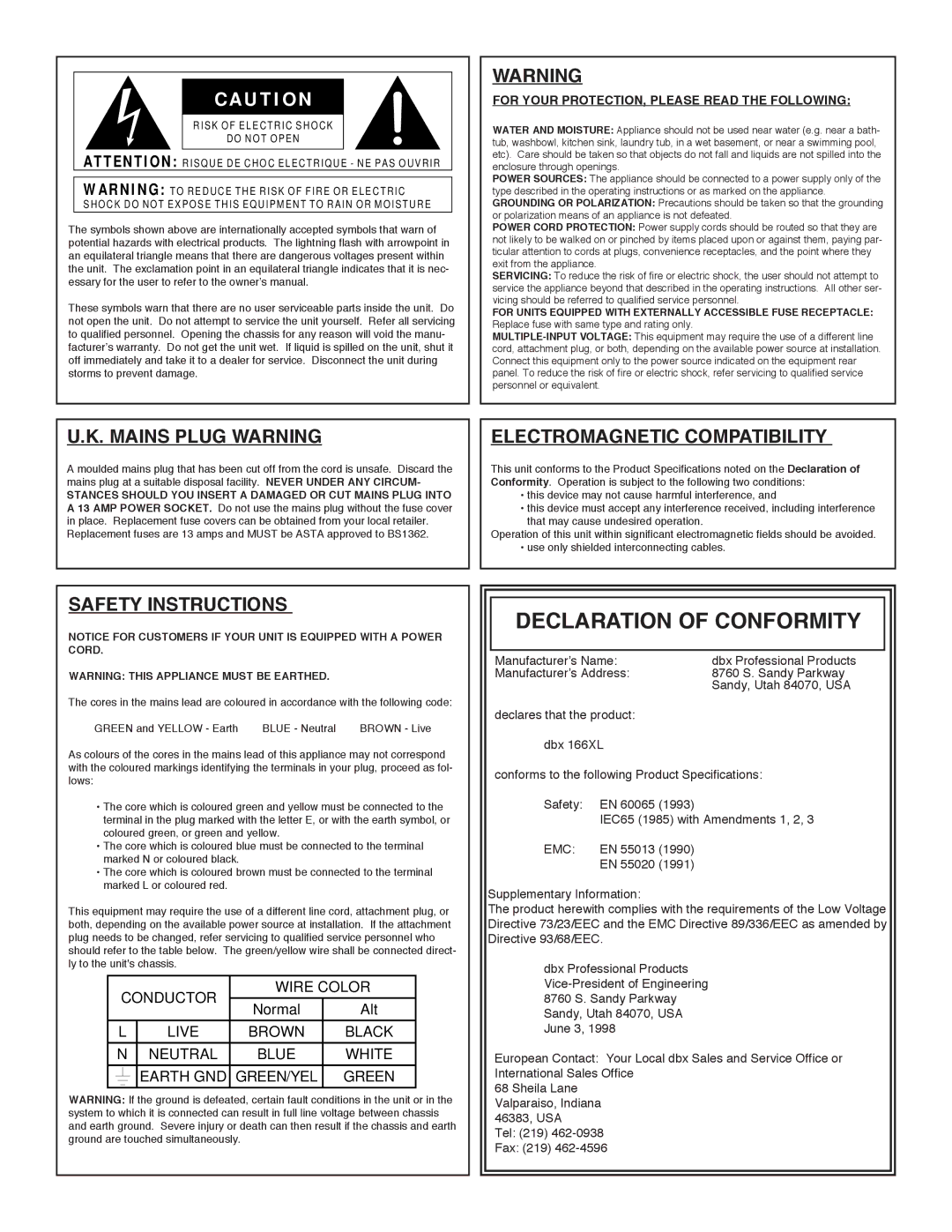 dbx Pro 166XL manual Declaration of Conformity 