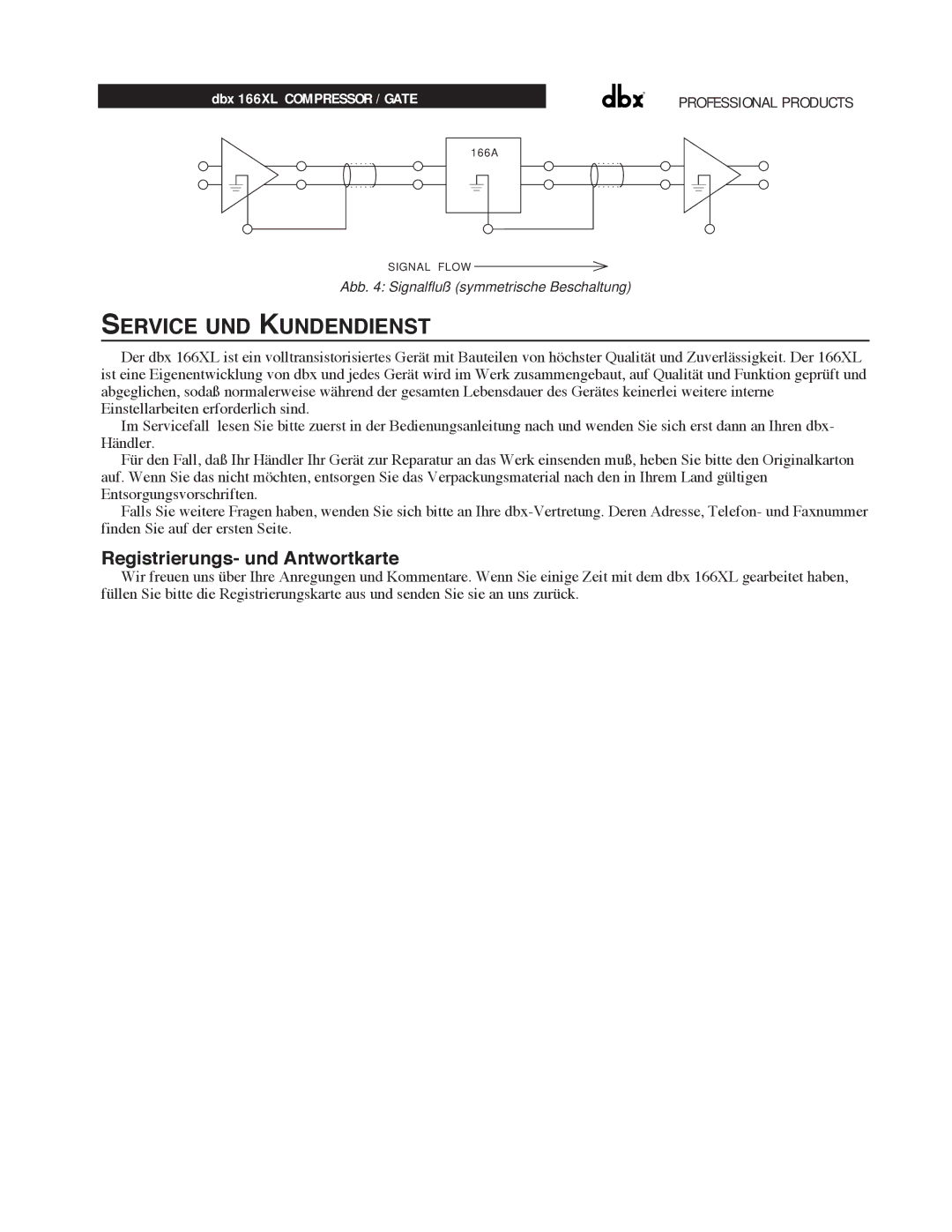 dbx Pro 166XL manual Service UND Kundendienst, Registrierungs- und Antwortkarte 