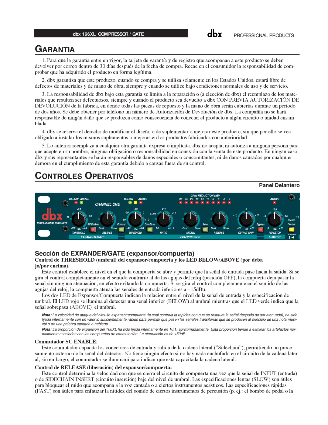 dbx Pro 166XL manual Garantia, Controles Operativos, Secci-n de EXPANDER/GATE expansor/compuerta, Panel Delantero 