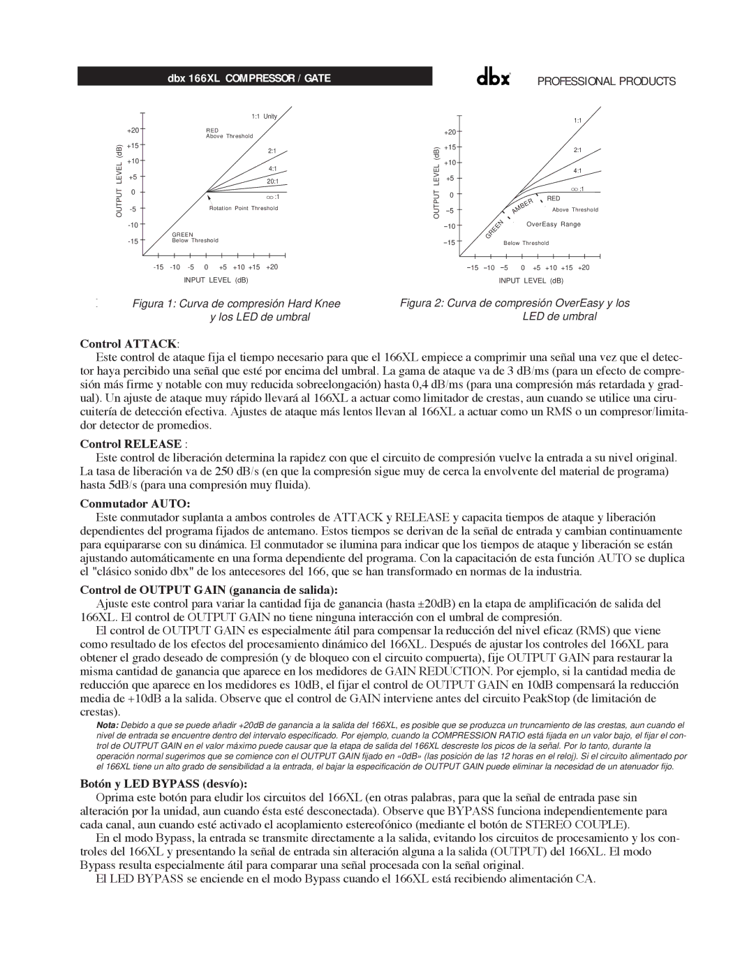 dbx Pro 166XL manual Control Attack, Control Release, Conmutador Auto, Control de Output Gain ganancia de salida 