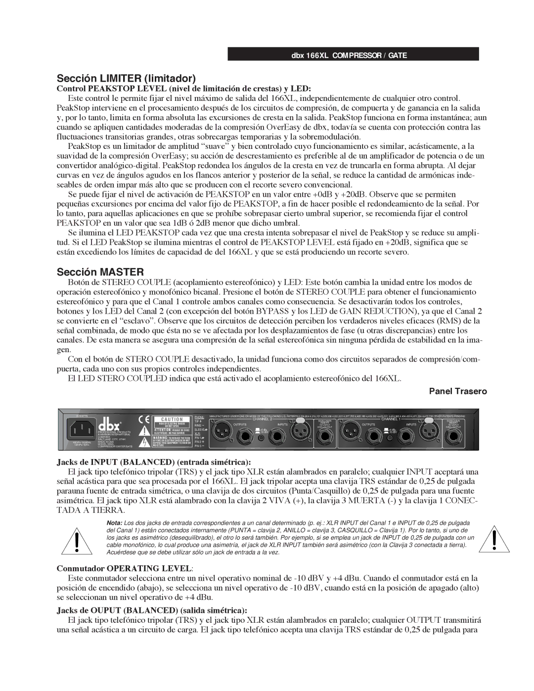 dbx Pro 166XL manual Secci-n Limiter limitador, Secci-n Master, Panel Trasero 