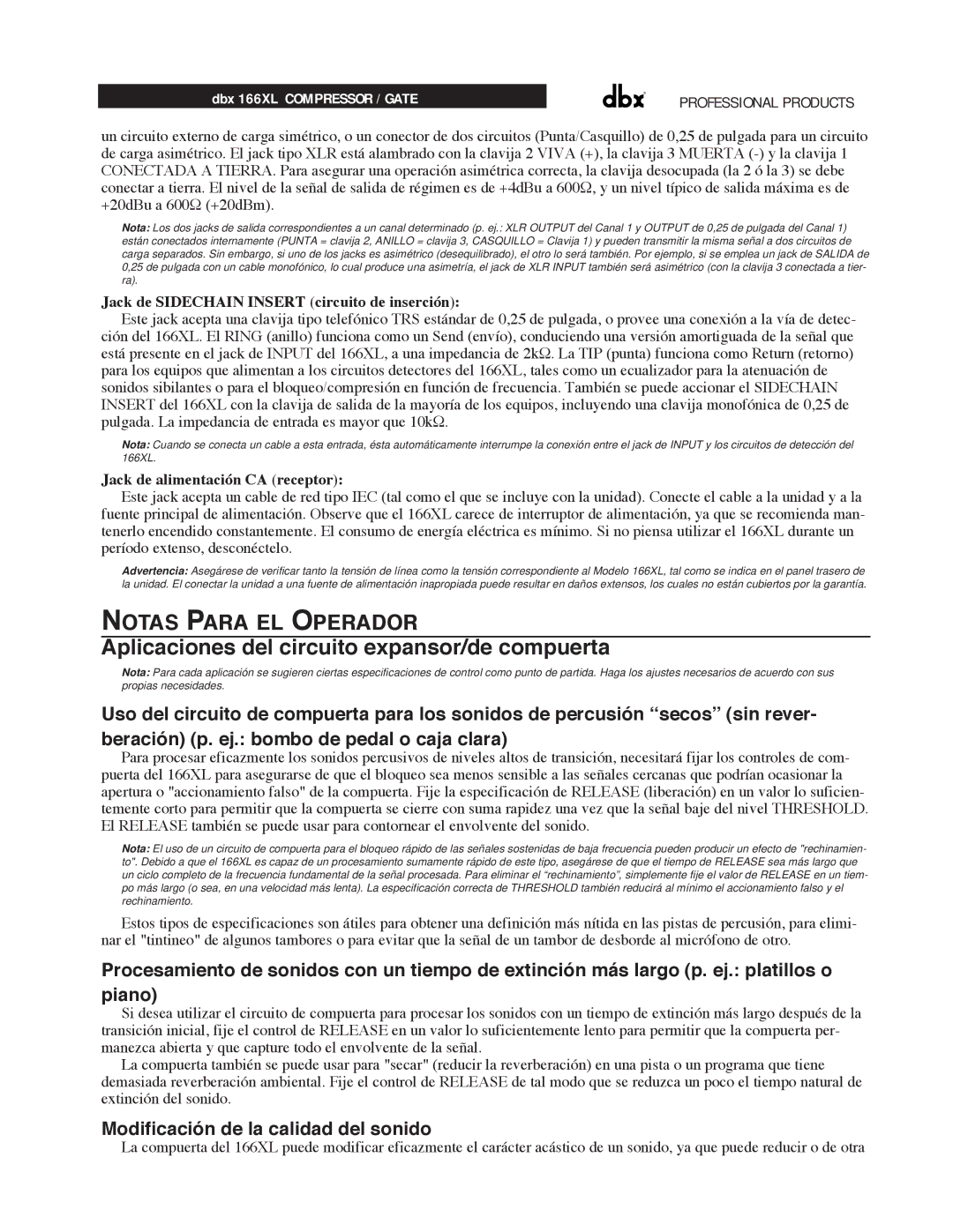 dbx Pro 166XL Aplicaciones del circuito expansor/de compuerta, Notas Para EL Operador, Jack de alimentaci-n CA receptor 