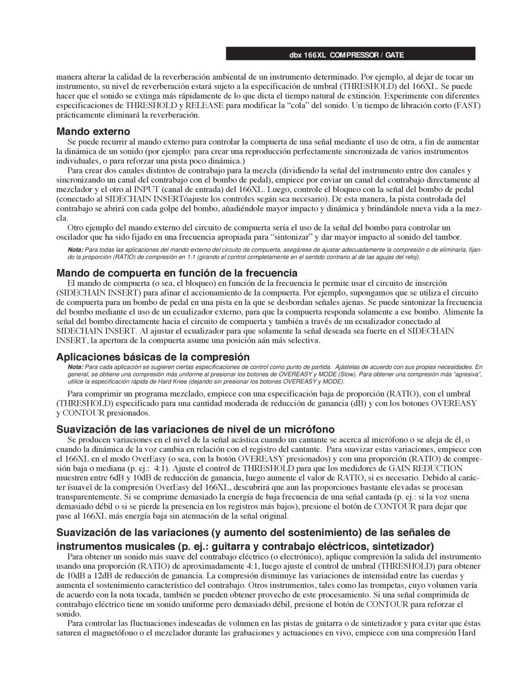 dbx Pro 166XL manual Mando externo, Mando de compuerta en funci-n de la frecuencia, Aplicaciones b‡sicas de la compresi-n 