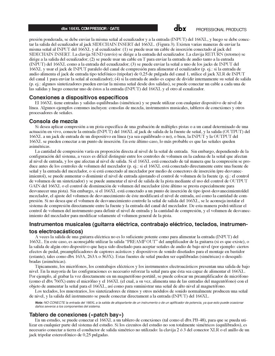 dbx Pro 166XL manual Conexiones a dispositivos espec’ficos, Consola de mezcla, Tablero de conexiones Çpatch bayÈ 