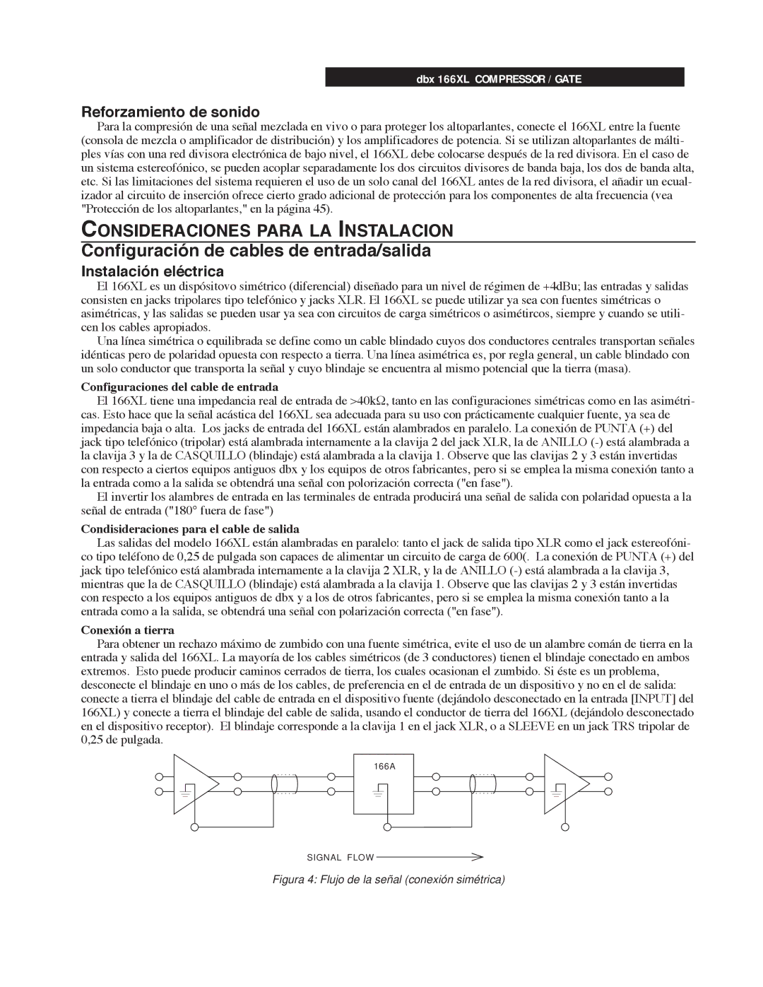 dbx Pro 166XL Configuraci-n de cables de entrada/salida, Consideraciones Para LA Instalacion, Reforzamiento de sonido 