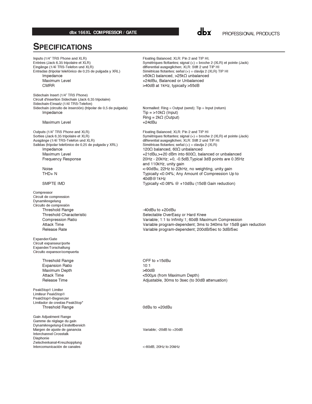 dbx Pro 166XL manual Specifications, Cmrr 