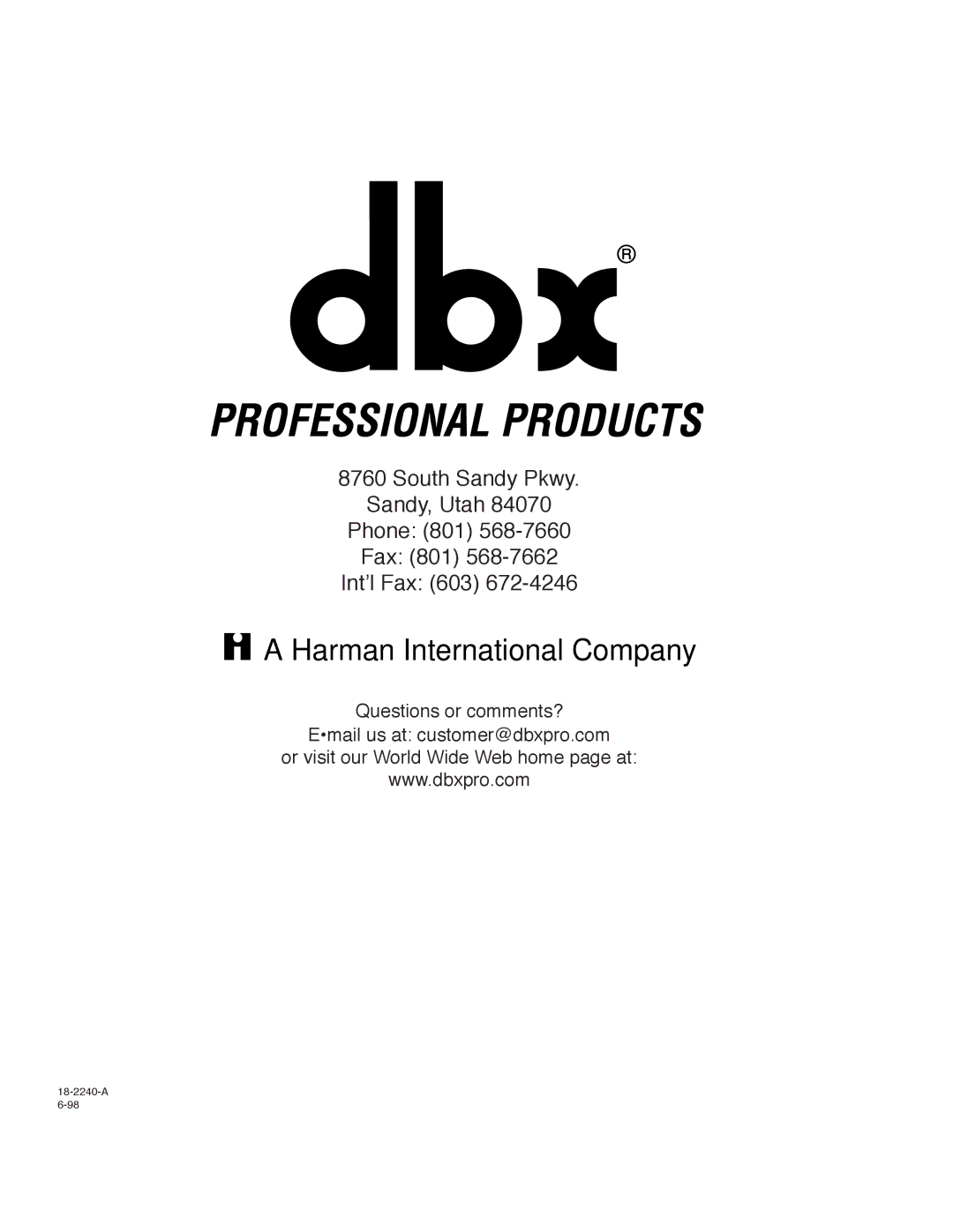 dbx Pro 166XL manual Harman International Company 