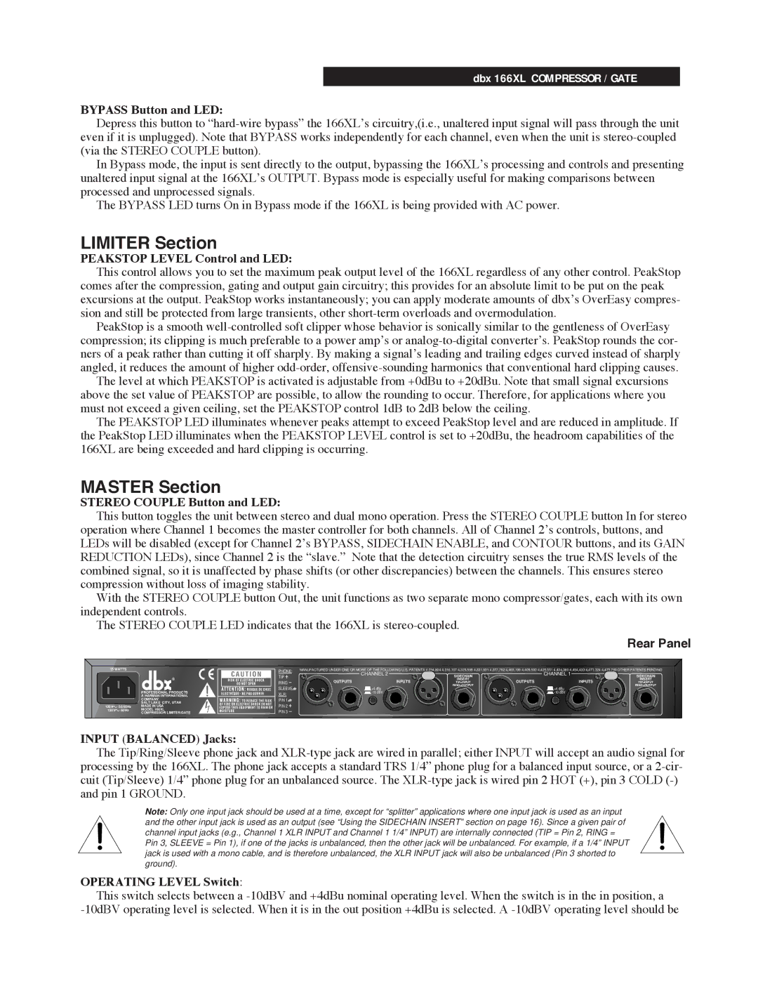 dbx Pro 166XL manual Limiter Section, Master Section, Rear Panel 