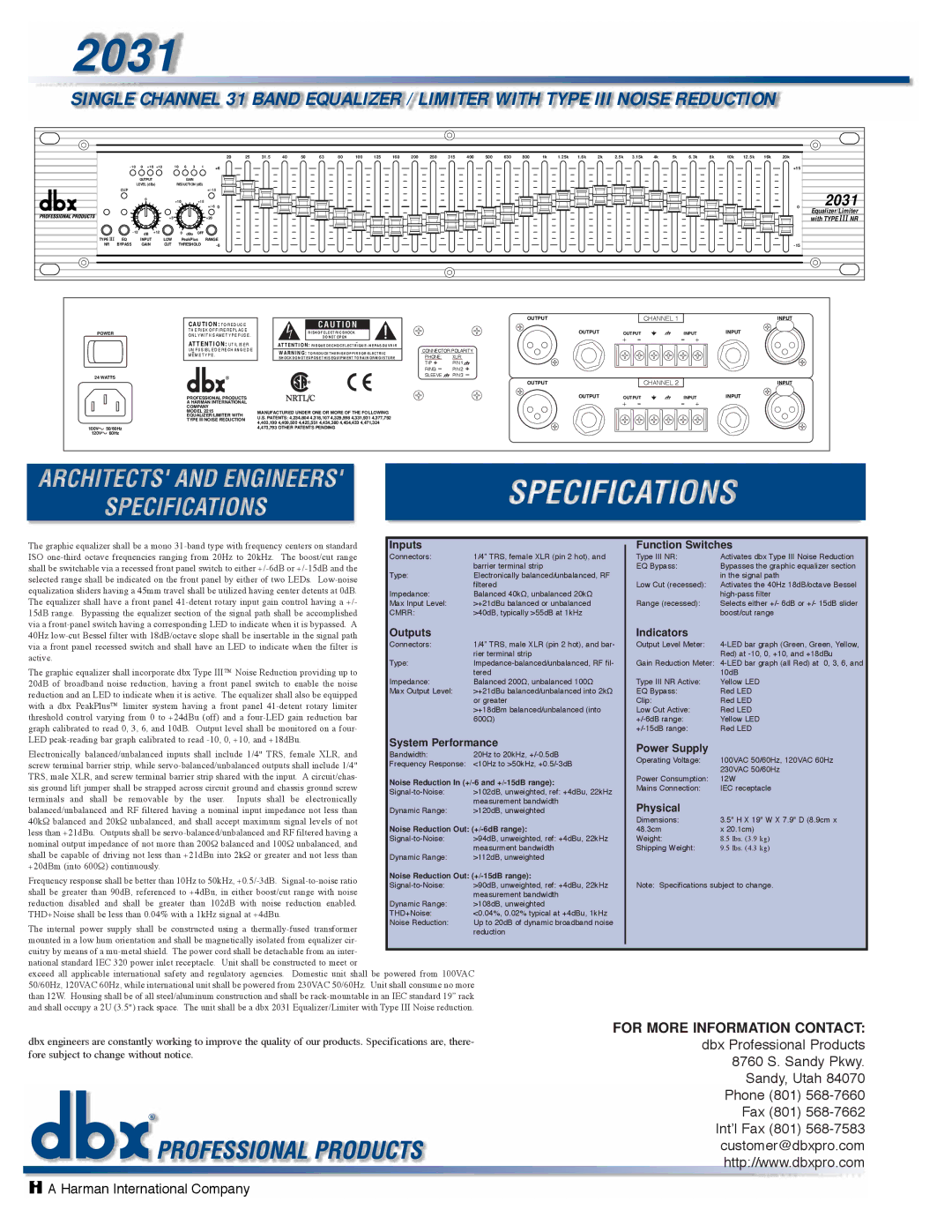 dbx Pro 2031 manual Inputs Function Switches, Outputs Indicators, System Performance Power Supply, Physical 