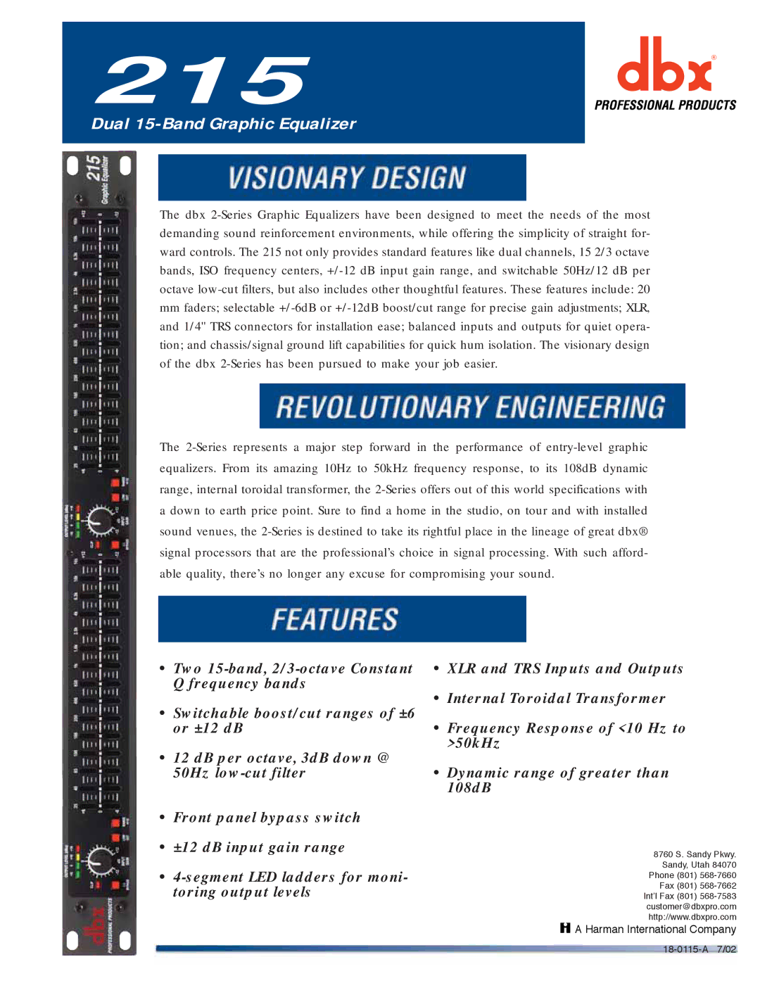 dbx Pro 215 specifications Dual 15-Band Graphic Equalizer, Harman International Company, 18-0115-A 7/02 