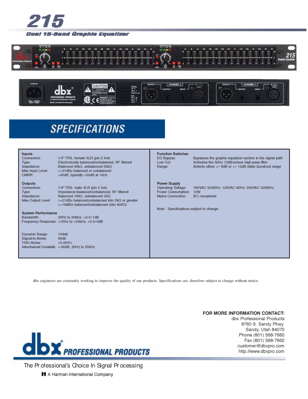 dbx Pro 215 specifications Inputs Function Switches, Outputs Power Supply, System Performance 