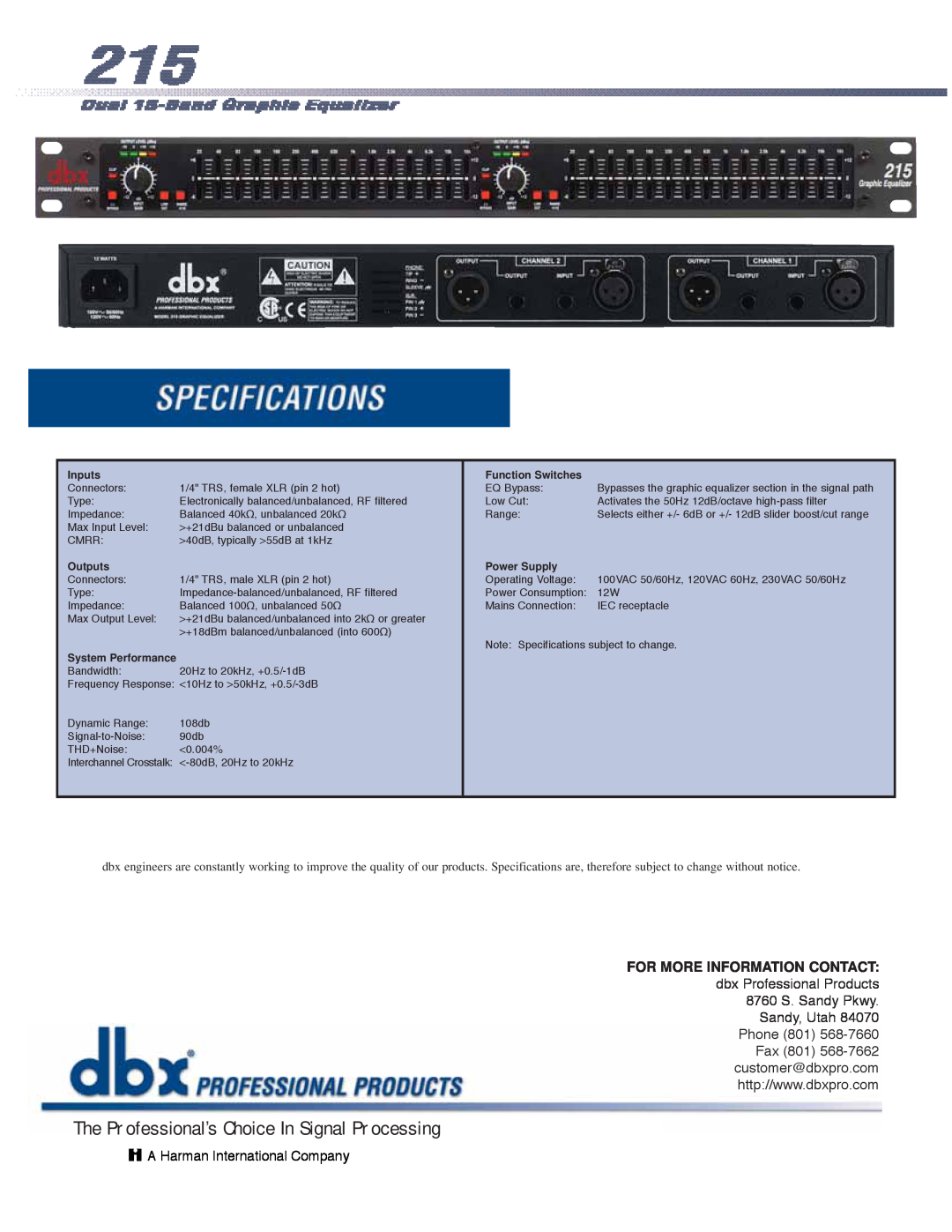 dbx Pro 215 The Professional’s Choice In Signal Processing, A Harman International Company, Inputs, Function Switches 