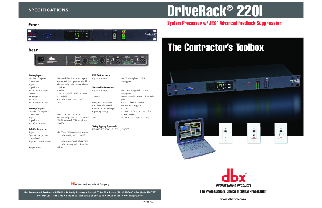 dbx Pro 220 specifications Analog Inputs Performance, System Performance, Analog Outputs 