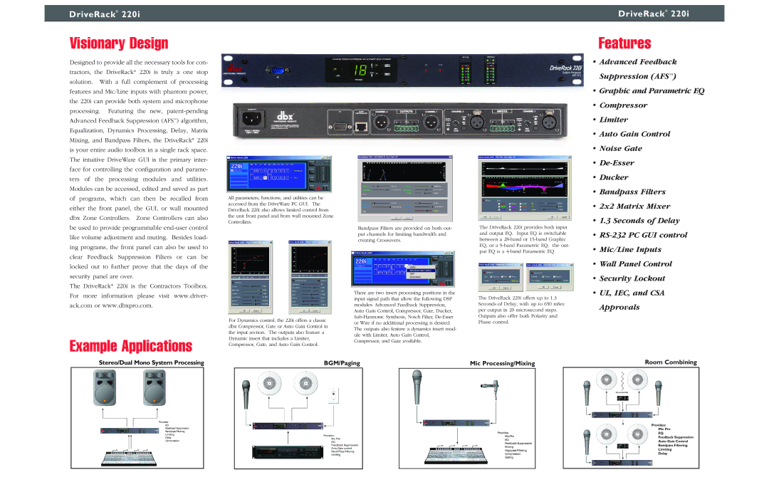 dbx Pro 220 specifications Visionary Design, Example Applications, Features 