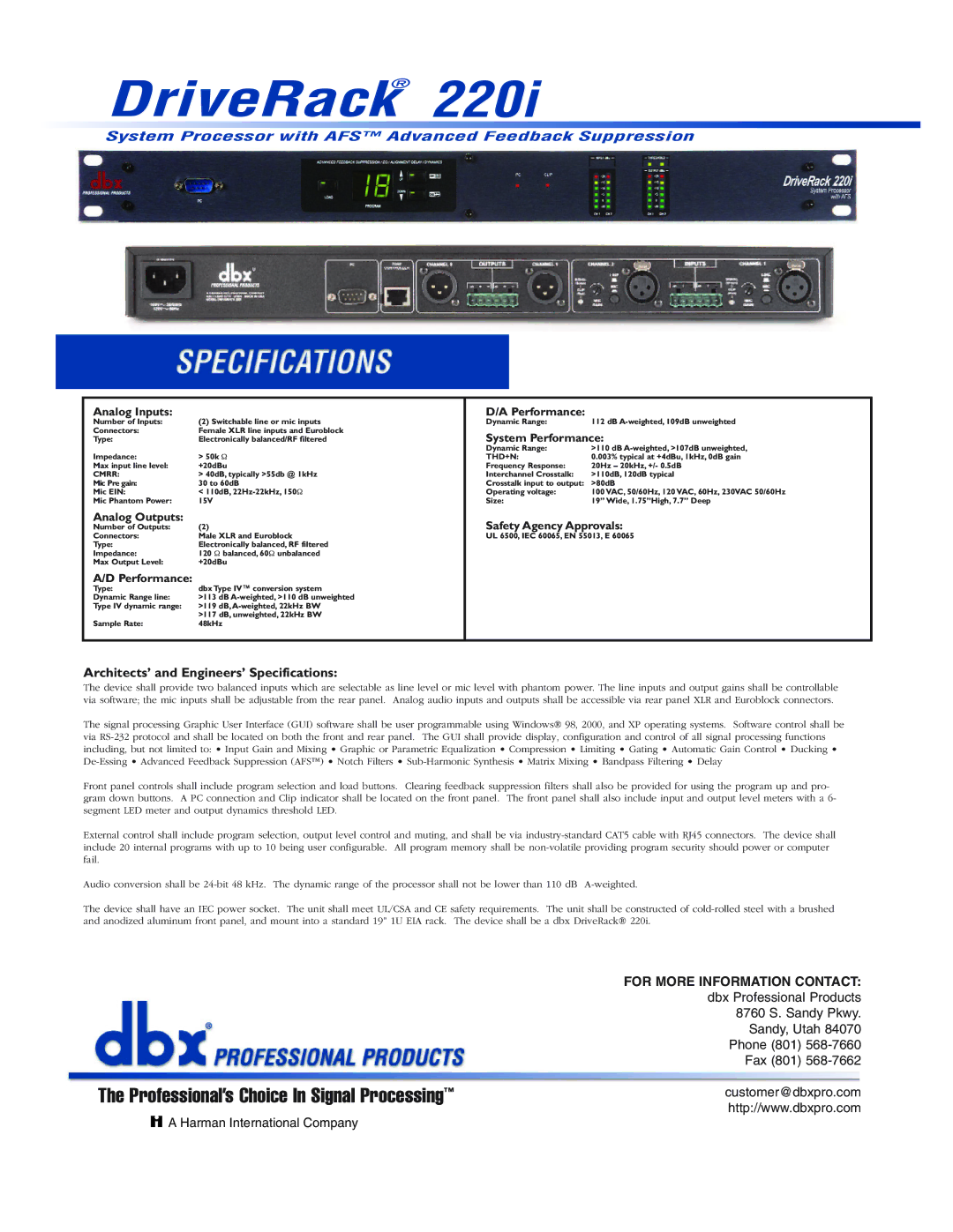 dbx Pro 220i manual Analog Inputs Performance, System Performance, Analog Outputs Safety Agency Approvals, Thd+N, Cmrr 