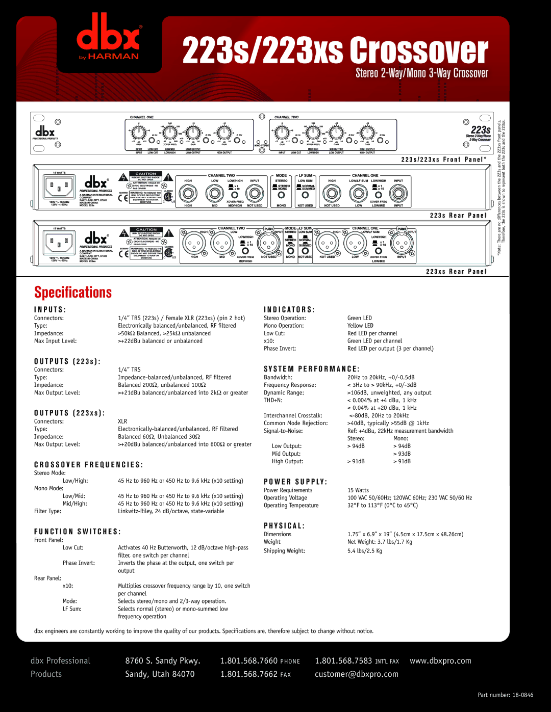 dbx Pro 223s, 223xs manual Specifications 