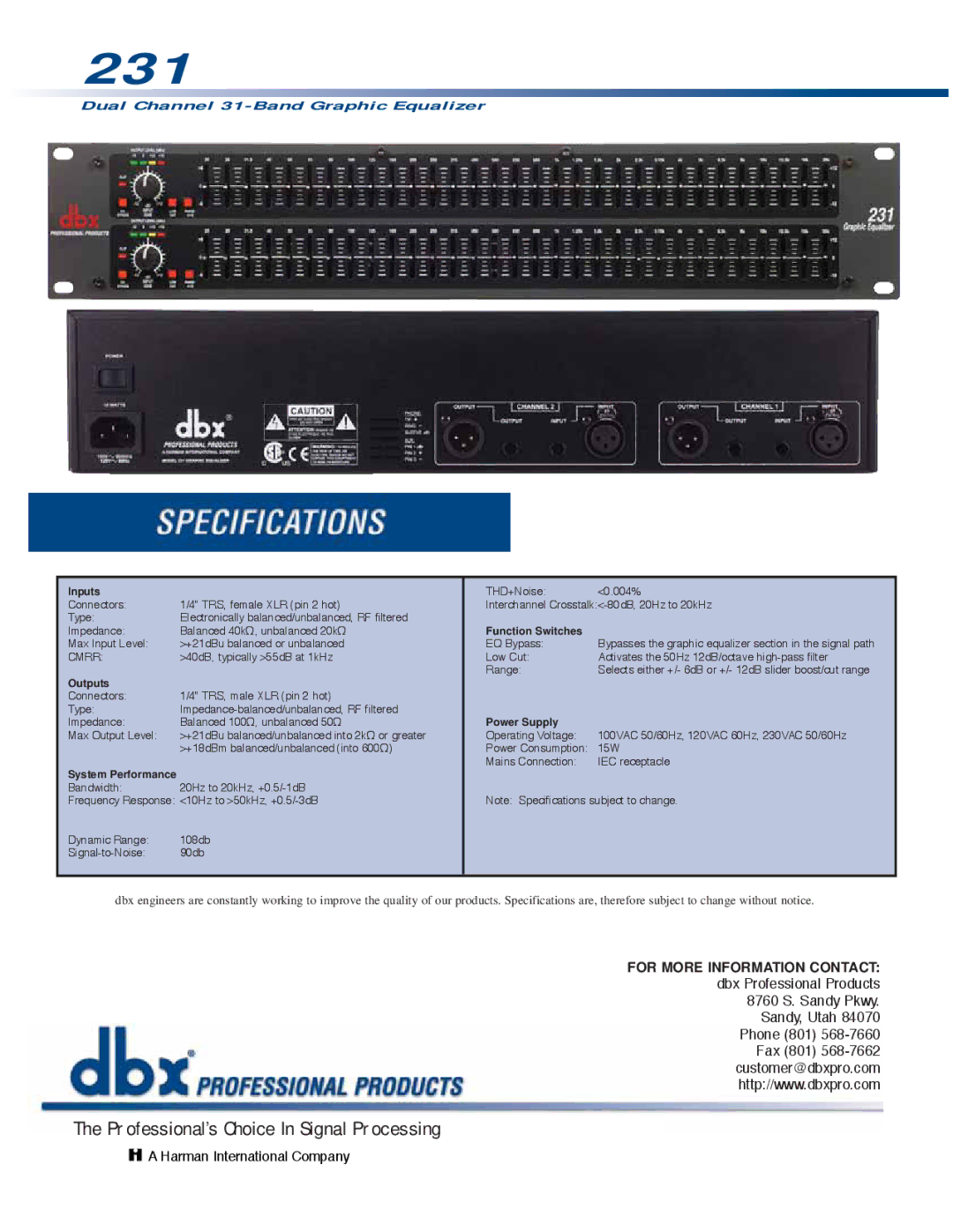 dbx Pro 231 specifications Inputs, Function Switches, Outputs, Power Supply, System Performance 