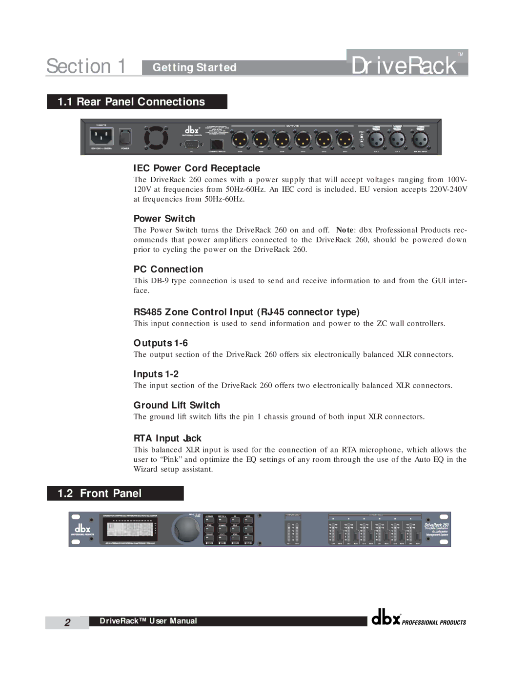 dbx Pro 260 user manual Getting Started, Rear Panel Connections, Front Panel 