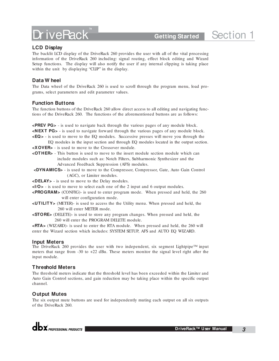 dbx Pro 260 user manual LCD Display, Data Wheel, Function Buttons, Input Meters, Threshold Meters, Output Mutes 