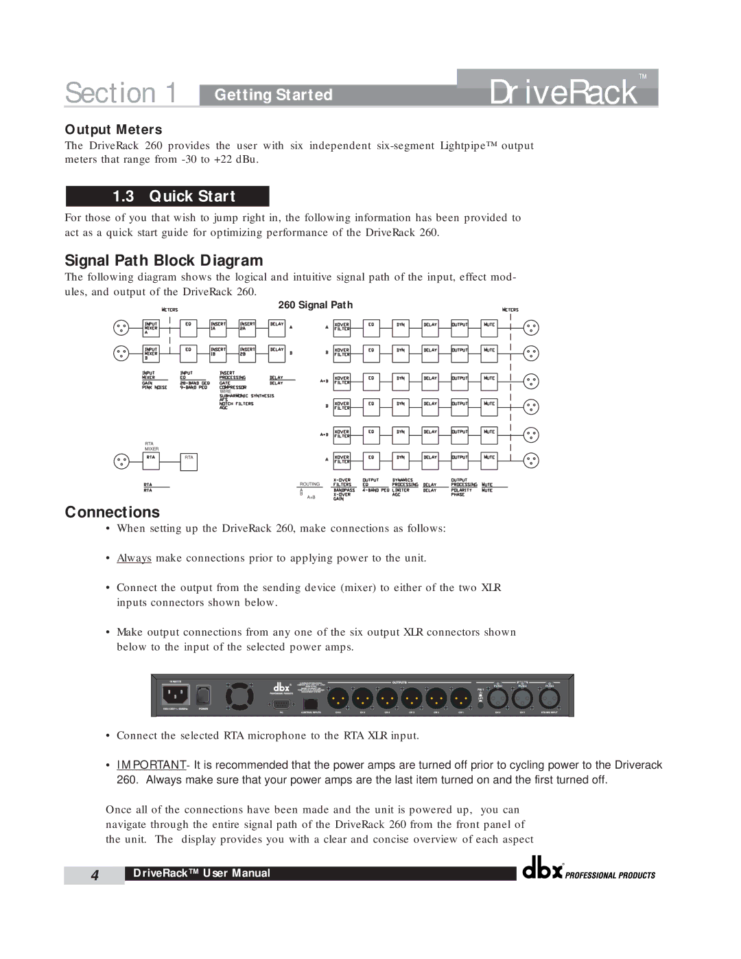 dbx Pro 260 user manual Quick Start, Output Meters 