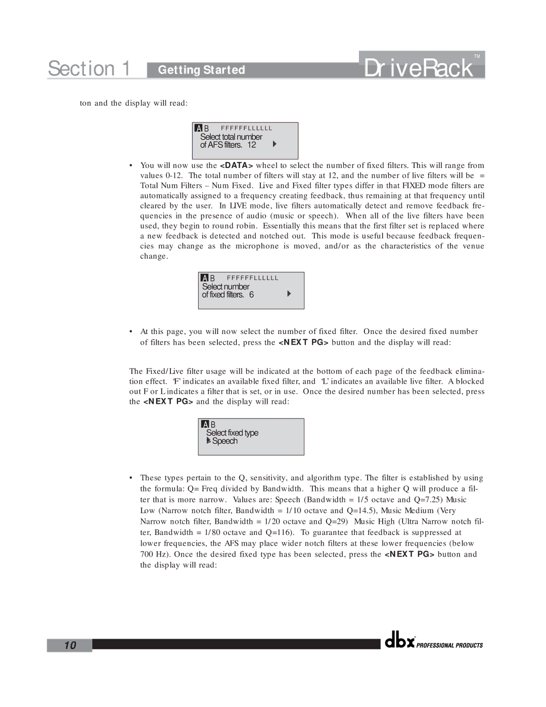 dbx Pro 260 user manual Select total number of AFS filters 