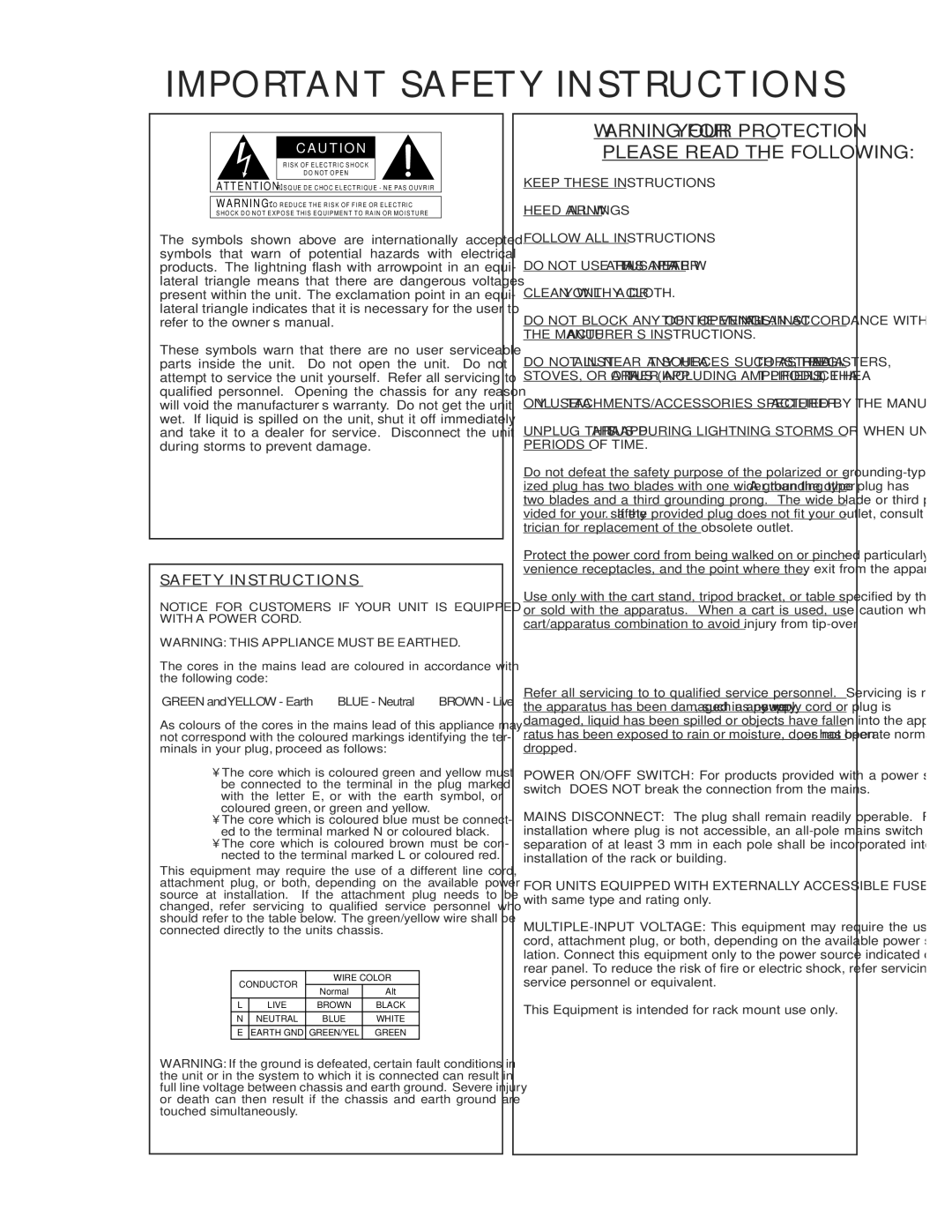 dbx Pro 260 user manual Important Safety Instructions 