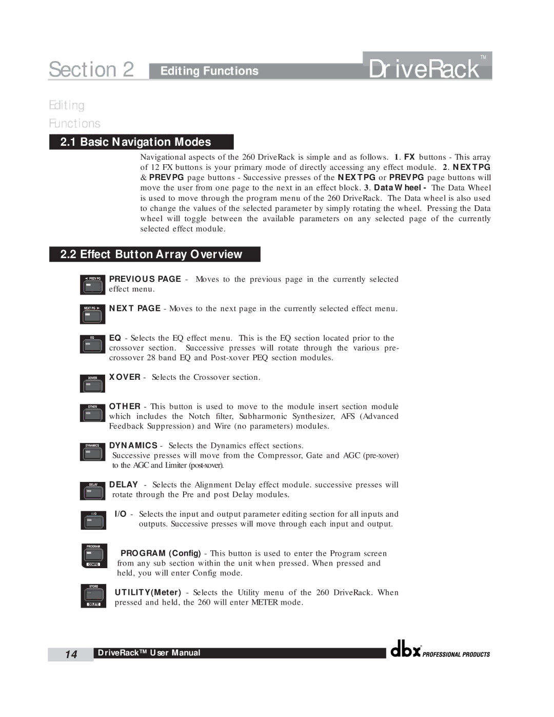 dbx Pro 260 user manual Editing Functions, Basic Navigation Modes, Effect Button Array Overview 