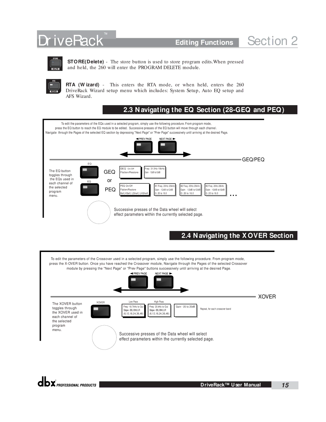 dbx Pro 260 user manual Navigating the EQ -GEQ and PEQ, Navigating the Xover Section 