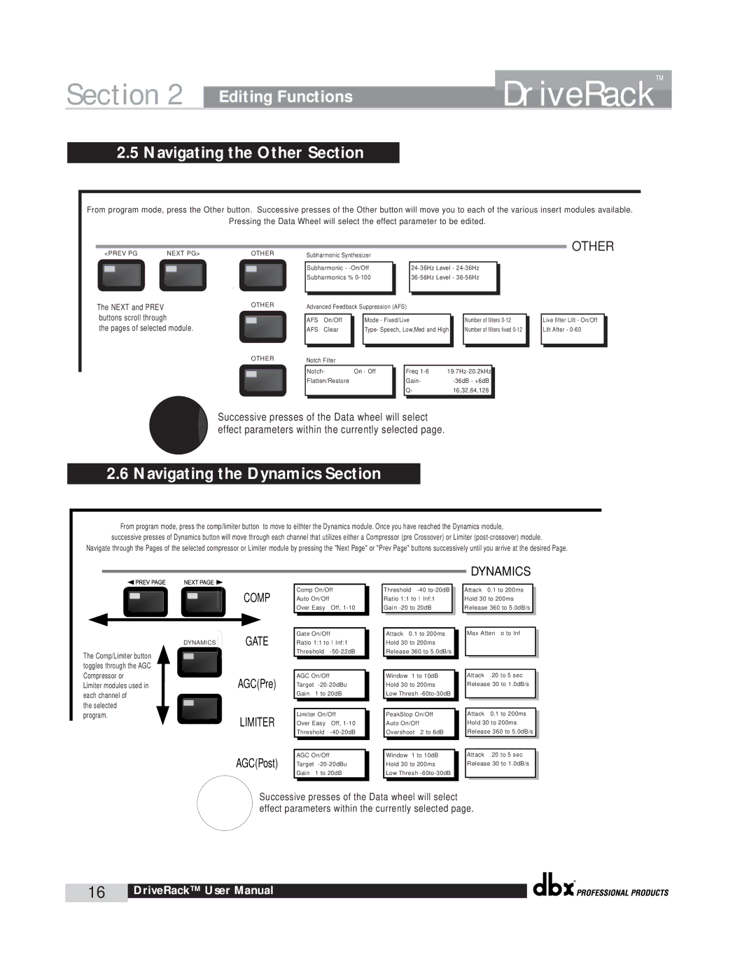 dbx Pro 260 user manual Navigating the Other Section, Navigating the Dynamics Section 