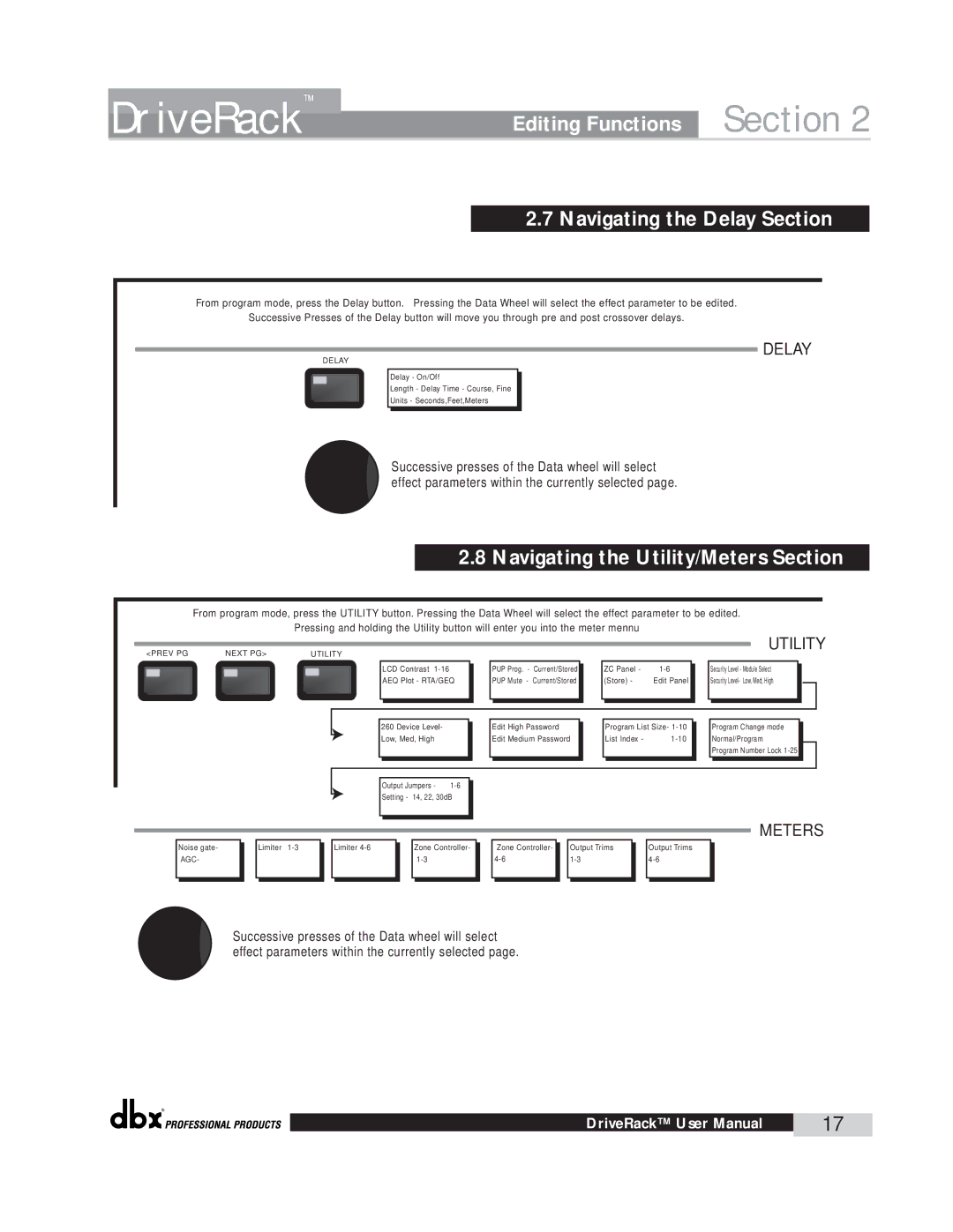 dbx Pro 260 user manual Navigating the Delay Section, Navigating the Utility/Meters Section 