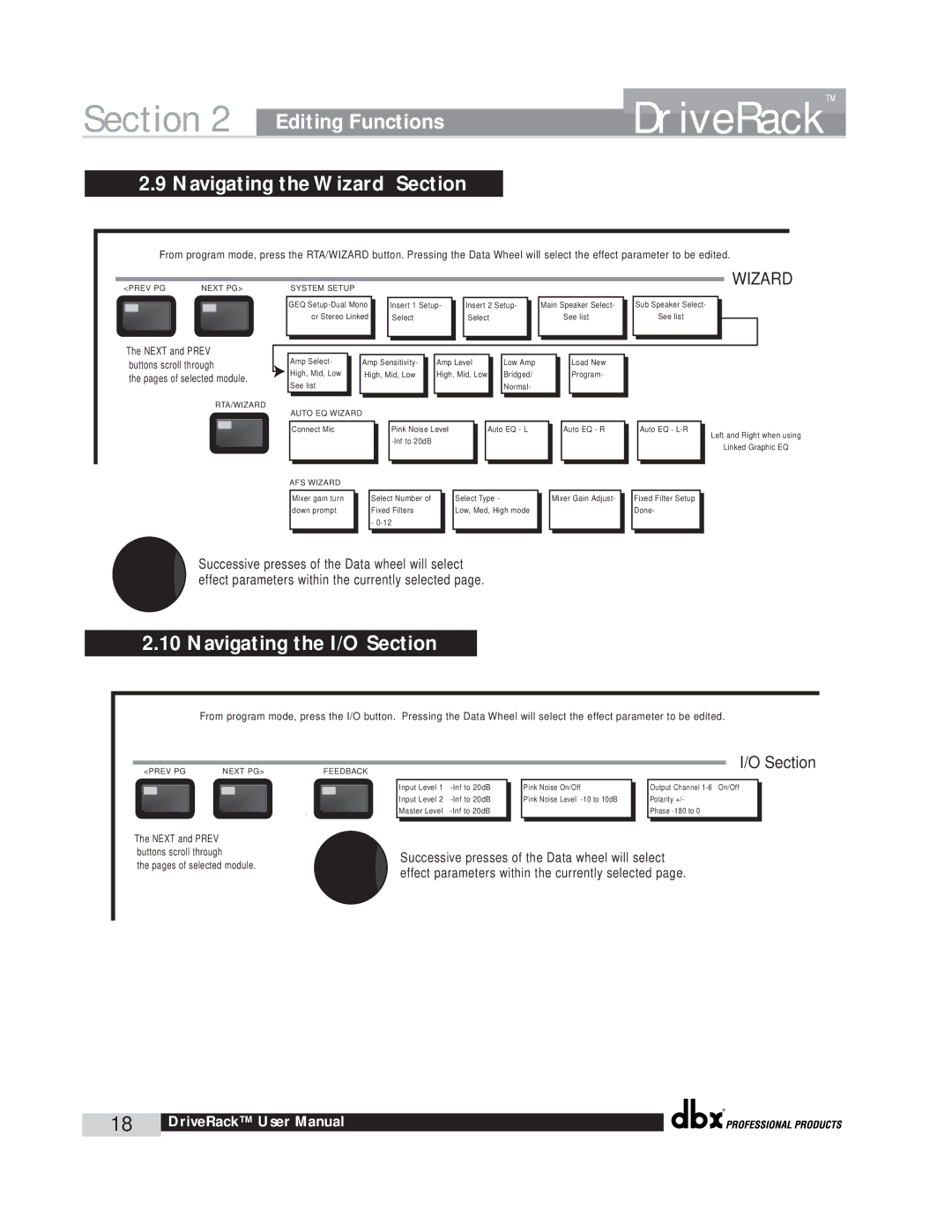 dbx Pro 260 user manual Navigating the Wizard Section, Navigating the I/O Section 