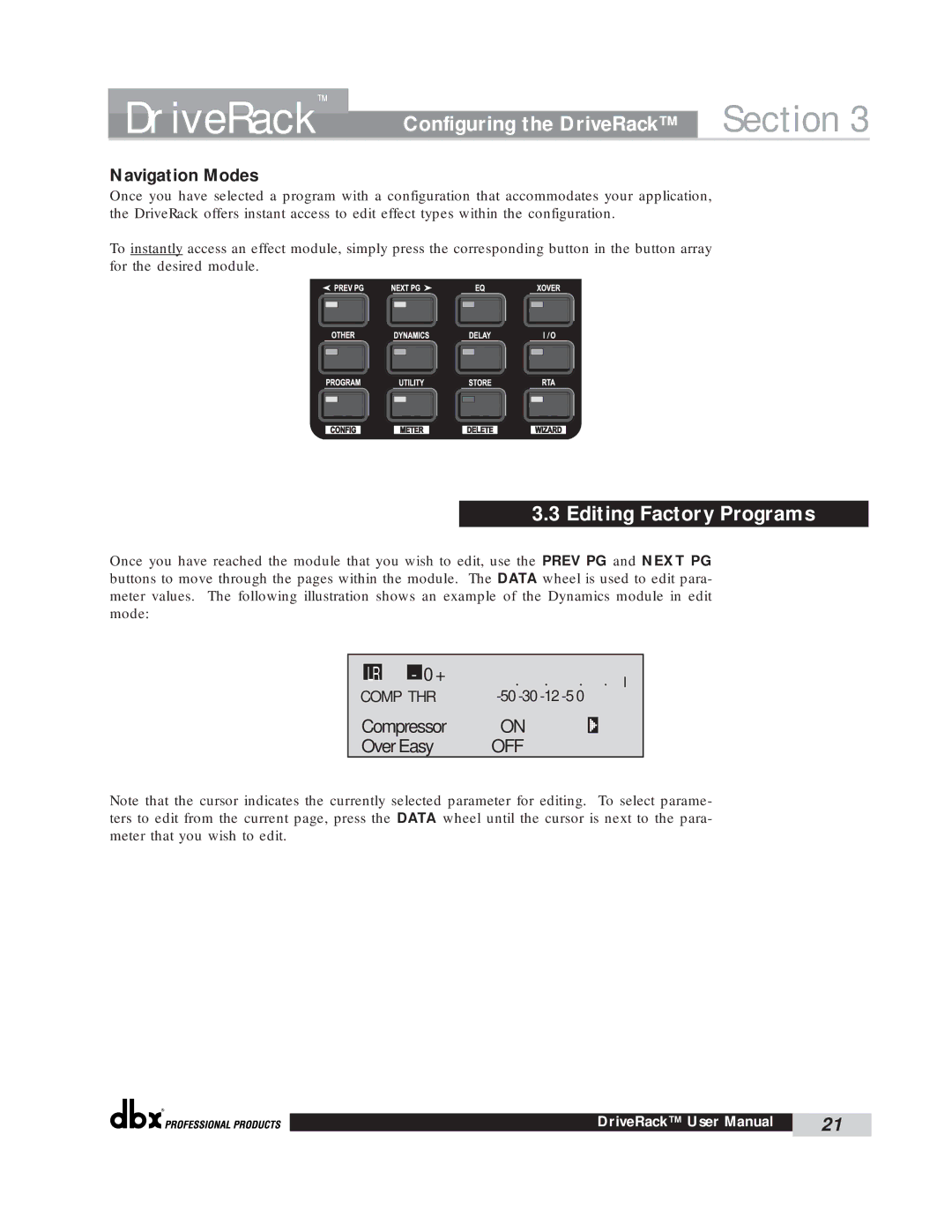 dbx Pro 260 user manual Editing Factory Programs, Navigation Modes 