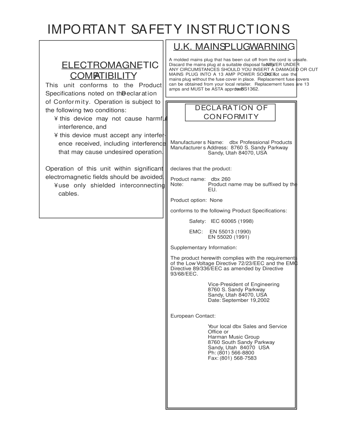 dbx Pro 260 user manual Electromagnetic Compatibility 